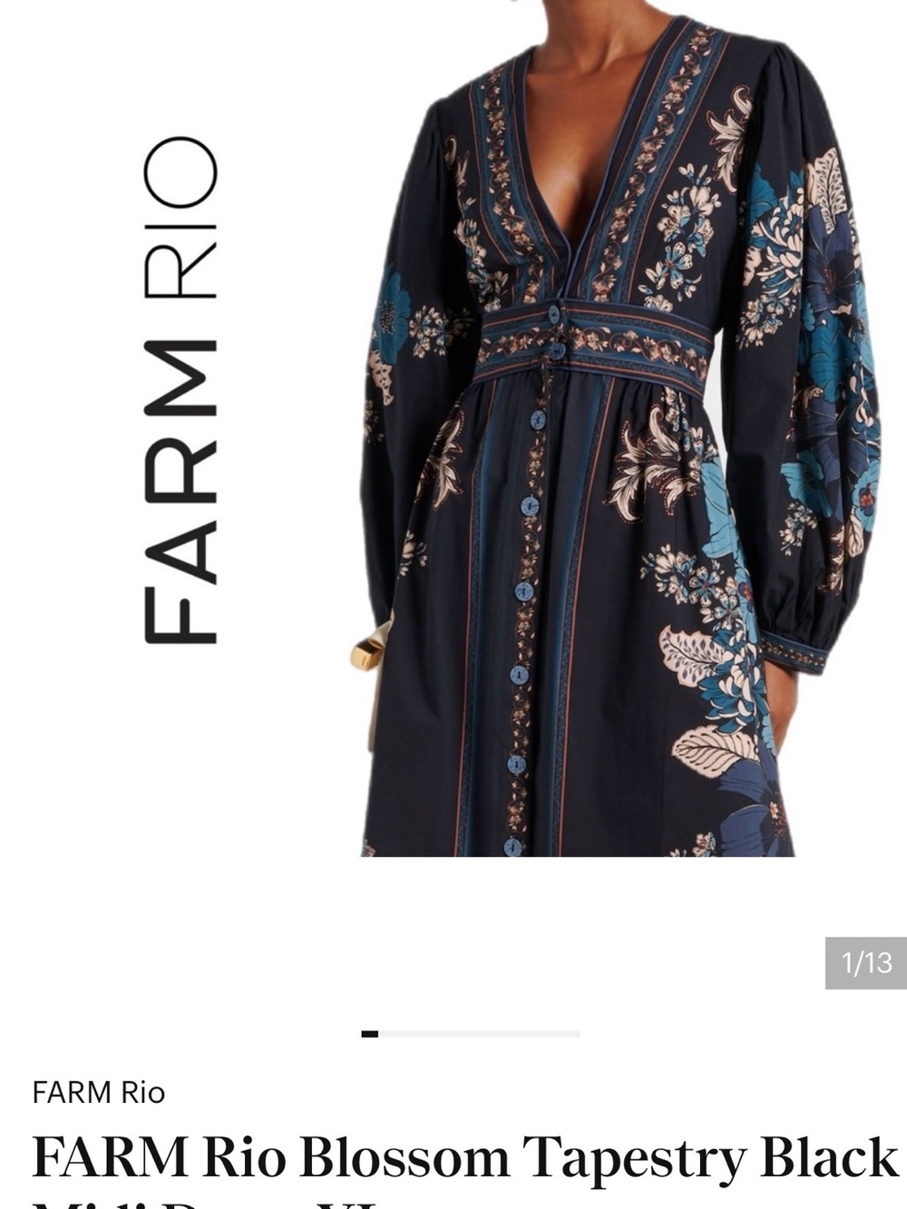 FARM Rio Blossom Tapestry Black Midi Dress L - Picture 4 of 4